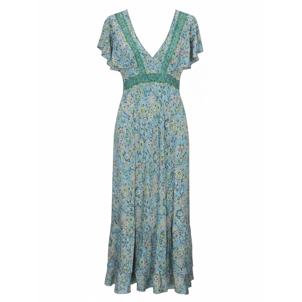 Indie Boutique Blue Paisley Floral V-Neck Flutter Sleeve Maxi Dress Boho L